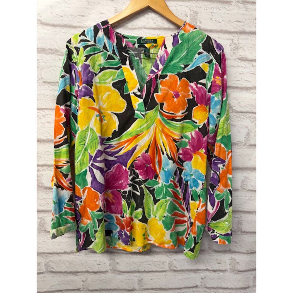 Lauren Ralph Lauren Top Blouse large Cotton Tropical Lightweight Vacation Floral